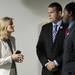 Eastern Michigan University Athletic Director Heather Lyke chats with seniors Lincoln Hansen and Kalonji Kashama during MAC Media Day at Ford Field in Detroit on Tuesday Melanie Maxwell | AnnArbor.com
